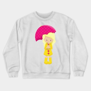 Girl In Raincoat, Girl With Umbrella, Blonde Hair Crewneck Sweatshirt